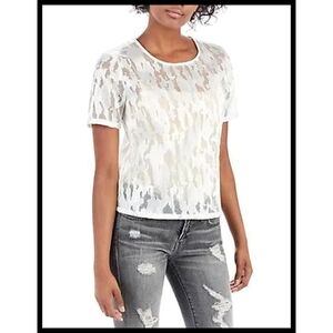 True Religion Sheer Camo Boxy Shirt Sleeve Rounded Neck Top White Large NWOT